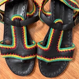 Rachel Comey Black Leather Sandals with Red, Yellow & Green Crochet Trim